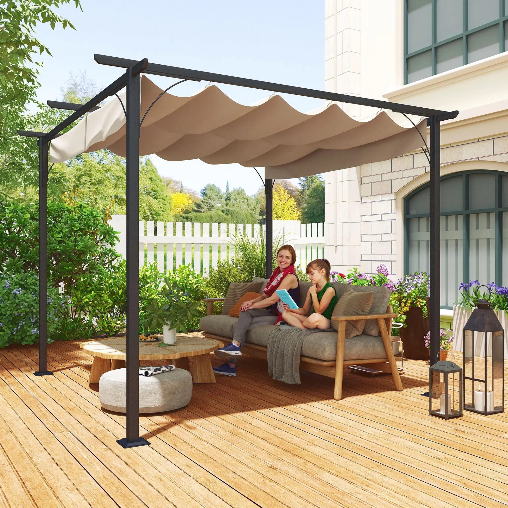 Pérgola de Jardín 3x3m Gazebo Cenador para Exterior con Techo Retráctil Tela Poliéster Impermeable y Anti-UV para Patio Terraza Beige