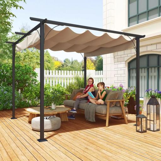 Pérgola de Jardín 3x3m Gazebo Cenador para Exterior con Techo Retráctil Tela Poliéster Impermeable y Anti-UV para Patio Terraza Beige