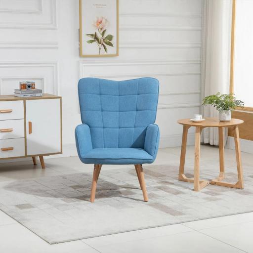 Sillón Individual con Respaldo Alto Reposabrazos Tela de Lino y Patas de Madera para Comedor Cocina 71x76x101cm Azul [4]