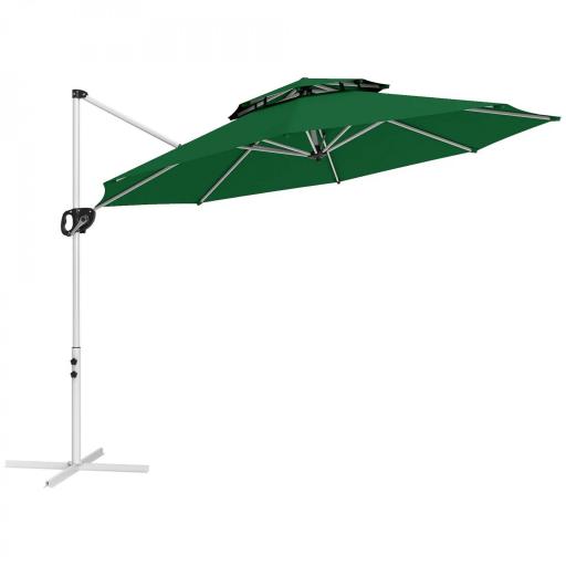 Parasol Excéntrico Ø292 cm con Manivela Giro 360° Inclinación Ajustable Doble Techo y Base Cruzada Verde Oscuro [9]