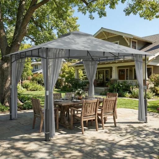 Carpa para Jardín con Techo Doble Cenador con Paredes de Malla UPF50+ para Exterior Terraza 360x300x275 cm Gris