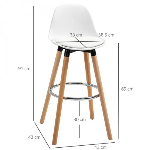 Conjunto de 2 Taburetes de Bar Tapizado en PU Taburetes Altos de Cocina con Asiento 69 cm 43x43x91 cm Blanco [1]