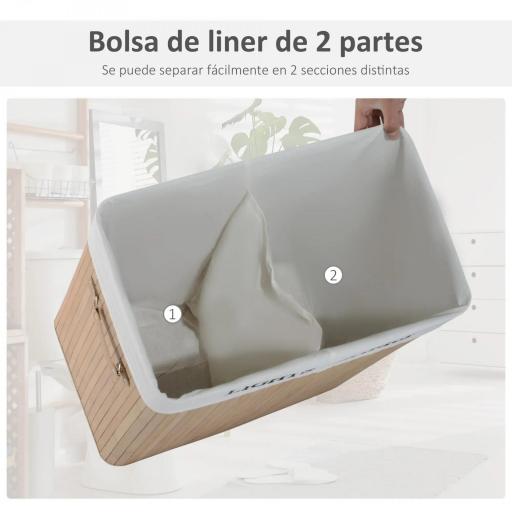 Cesta para Ropa Sucia de Bambú de Capacidad 100L con Tapa y Bolsa de Tela de 2 Compartimentos 52x32 x63 cm Bambú [4]