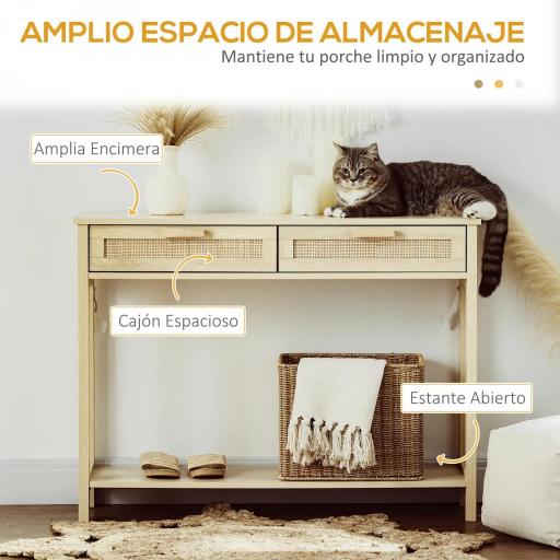 Mesa Consola Mesa de Entrada con 2 Cajones de la Superficie de Ratán y Estante Inferior para Pasillo Salón Dormitorio de Estilo Rústico 100x30x76 cm Natural [2]
