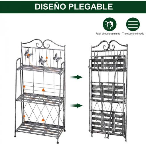 Soporte para Plantas Plegable de 3 Niveles con Estructura de Metal Soporte para Macetas Gris Plateado [4]