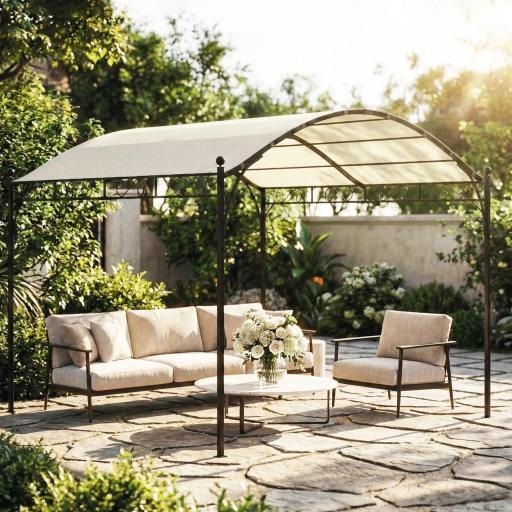 Pérgola de Jardín 3x3 m con Dosel UV30+ Estructura de Metal Galvanizado Techo Arqueado Pabellón para Exterior Crema [3]