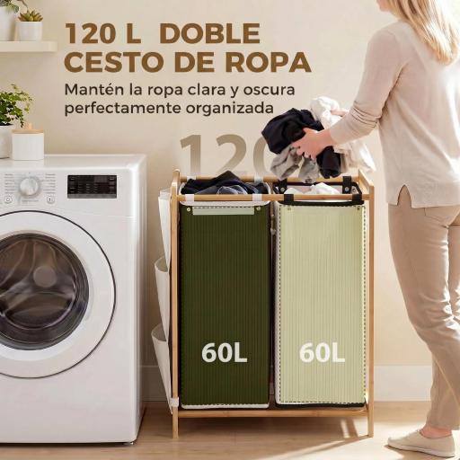 Cesto de Ropa Sucia con Tapa 120L de Bambú con 2 Compartimentos Bolsas con Cordón Bolsillos Laterales Blanco y Negro [5]