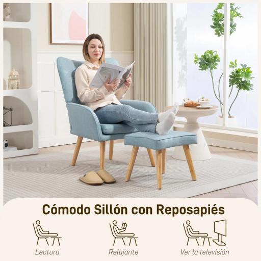 Sillón con Reposapiés Sillón Lectura con Respaldo Alto Capitoné Patas de Madera y Tapizado en Lino Azul Claro [4]