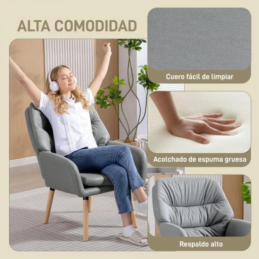 Sillón de Salón Moderno Acolchado de Doble Capa Tapizado en Cuero Sintético Patas de Madera 68x74x89 cm Gris [2]