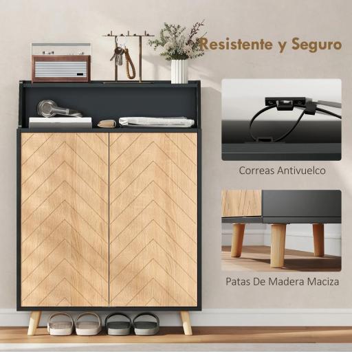 Zapatero Entrada Recibidor con 2 Puertas Estantes Ajustables y Compartimento Abierto 75x35x104 cm Negro y Natural [7]
