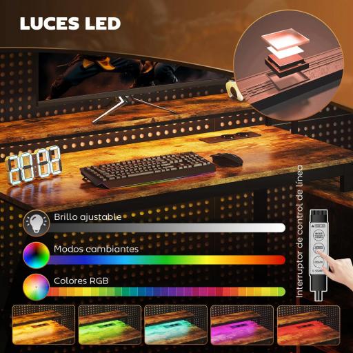 Escritorio Industrial con Luces LED y Estación de Carga con Patas Ajustables y Soporte en X 130x110x91 cm Madera Rústica [4]