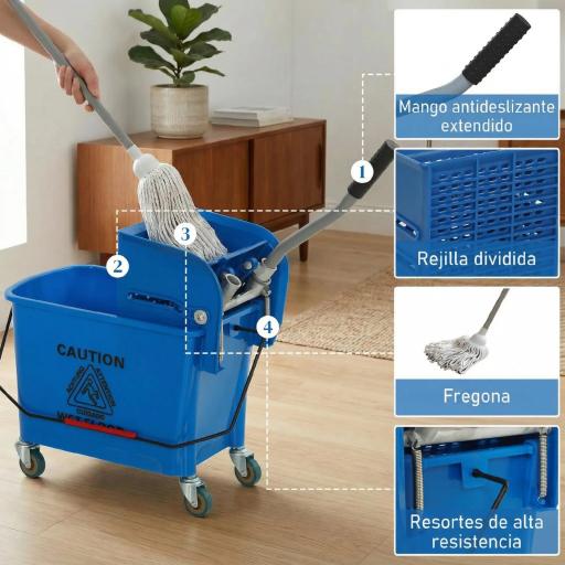 Cubo de Fregar con Escurridor Panel Separador y Ruedas Capacidad 20L para Limpieza Doméstica 45x26,5x70 cm Azul [4]