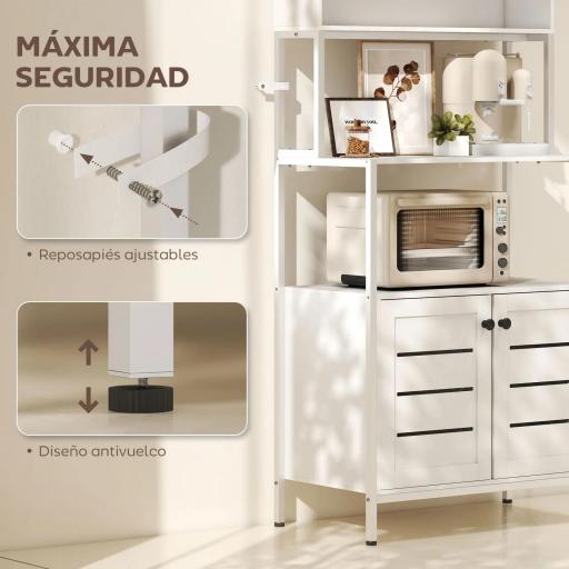 Estantería de Cocina con Toma de Corriente Soporte para Microondas con 2 Puertas 2 Puertos USB y Compartimentos Blanco [5]