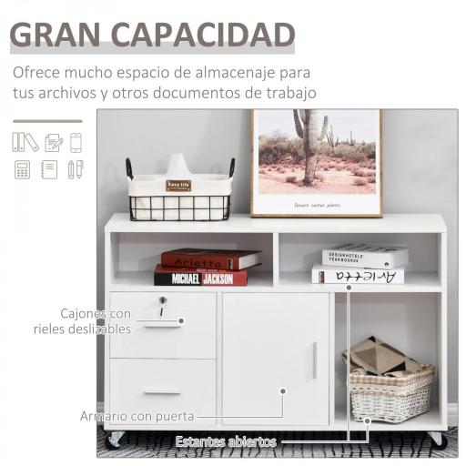 Mueble Auxiliar de Oficina Mueble Archivador con Ruedas Estantes y Cajones Armario Multiusos con Gran Almacenaje 100x35x65 cm Blanco [2]