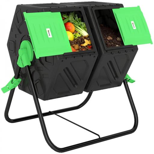 Compostador Giratorio 130L Contenedor Compostaje Doble Cámara Aberturas de Ventilación Patas de Acero 67x60x77 cm Negro [8]