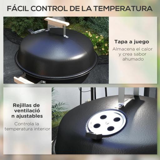 Barbacoa de Carbón Vegetal con Ruedas Parilla de Carbón BBQ Portátil Tapa y Tazón Esmaltados Mangos de Madera 48x56x94 cm para Jardín Exterior Picnic Acampada [5]