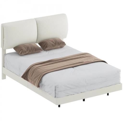 Cama Doble de 135x190 cm Somier con Cabecero Acolchado Efecto Flotante Estructura Metálica Beige [8]