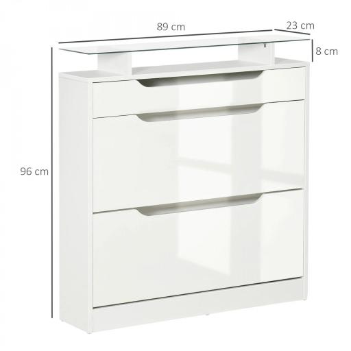 Mueble Zapatero de 2 Puertas Zapatero Estrecho para 16 Pares de Zapatos con Cajón Estante Abierto y Encimera de Vidrio para Pasillo Entrada 89x23x96 cm Blanco [1]