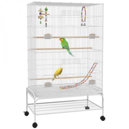 Jaula para Pájaros con Ruedas Bandeja Extraíble Puertas Comederos Perchas y Estante Inferior 79x49x133 cm Blanco [8]