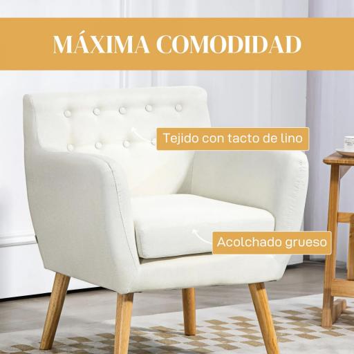 Butaca para Dormitorio con Reposabrazos y Patas de Madera Sofá Individual Carga 125 kg para Oficina Crema [3]