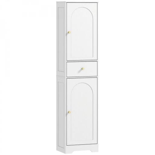 Armario Alto de Baño Estrecho con 2 Puertas Arqueadas Cajón y Estantes Ajustables Moderno 40x29,5x170 cm Blanco Veteado [8]