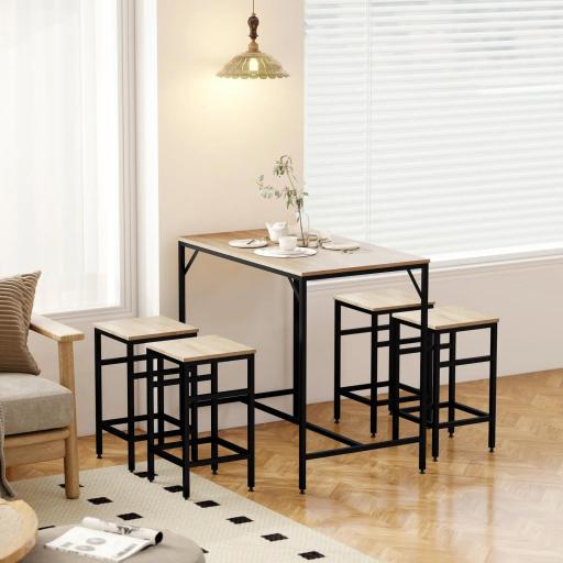 Set de Mesa Bar y 4 Taburetes Muebles Altos con Mesa de 100x60x88 cm y Taburetes de 32x32x57 cm Negro y Roble [6]