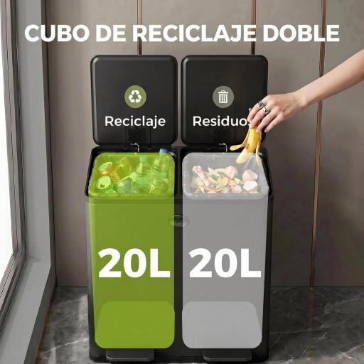 Papelera de Cocina de Acero Inoxidable con 2 Compartimentos 2x20L Pedal Tapas de Cierre Suave y Cubo Extraíble Negro [6]