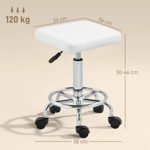 Taburete Giratorio Ajustable Con Asiento Acolchado Reposapiés y Ruedas para Salones y Talleres 34x34x50-66 cm Blanco [1]