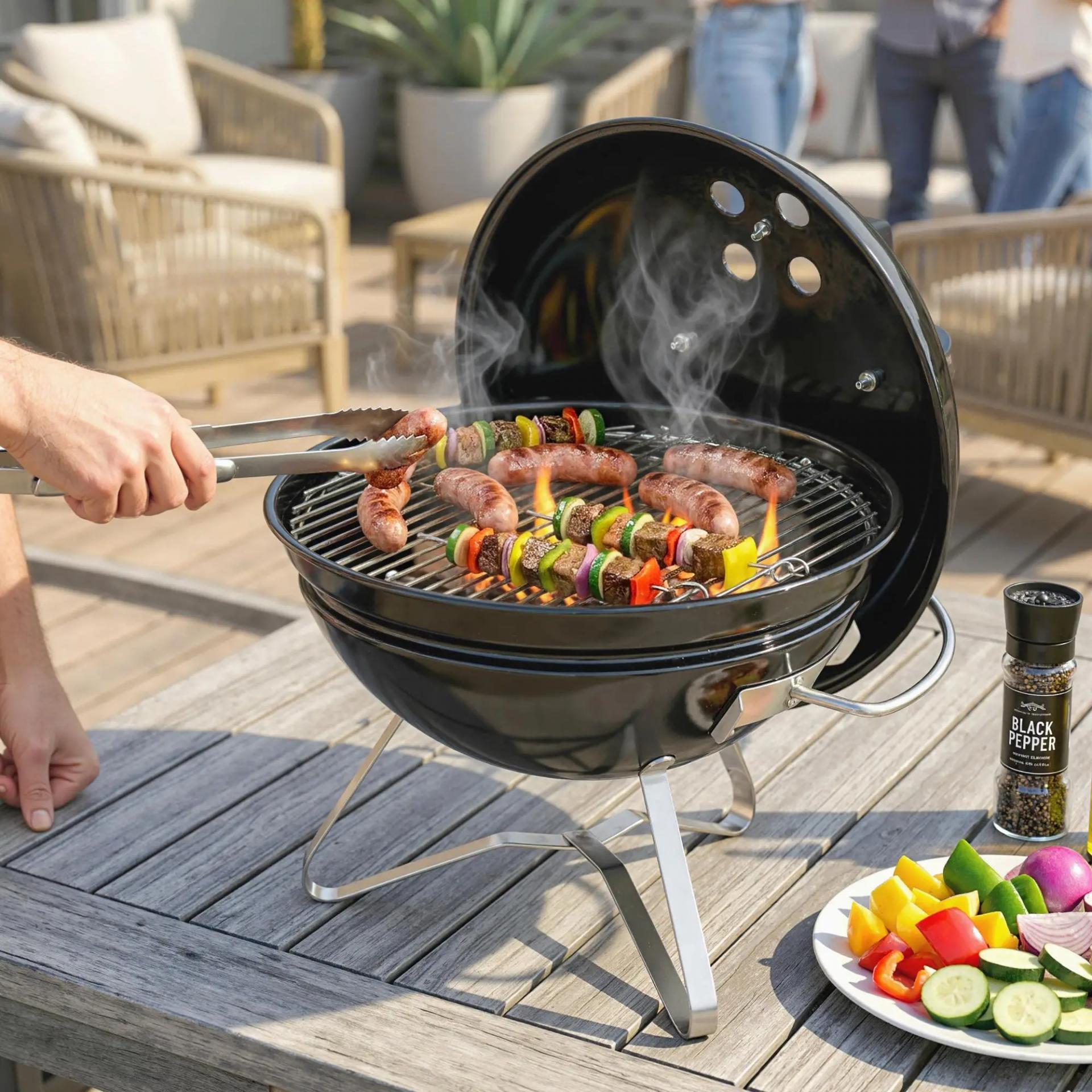 Barbacoa de Carbón Portátil Barbacoa de Carbón Redonda Tapa con Soporte Rejilla Ventilación Ajustable Ø41x44 cm Negro