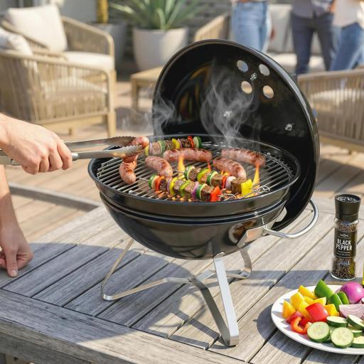 Barbacoa de Carbón Portátil Barbacoa de Carbón Redonda Tapa con Soporte Rejilla Ventilación Ajustable Ø41x44 cm Negro