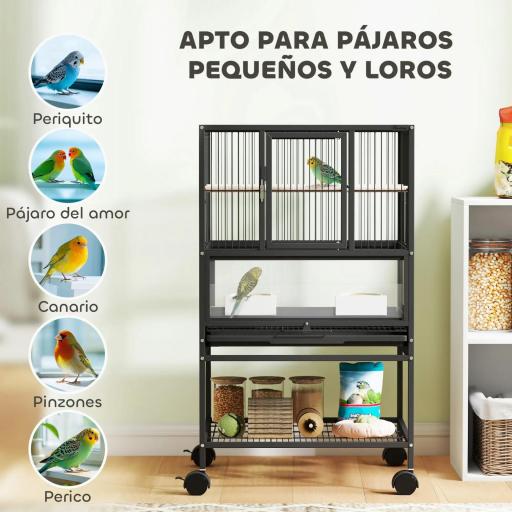 Jaula para Pájaros con Paneles Acrílicos Comederos Soporte Ruedas y Estante Inferior 48x46x83 cm Negro [6]