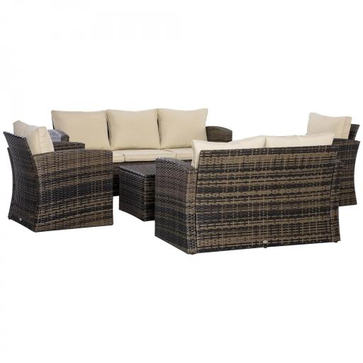 Conjunto de Jardín Exterior de Ratán 6 Piezas Cojines Sofá Doble Sofá 3 Plazas 2 Sillones 2 Mesas Auxiliares Caqui [9]