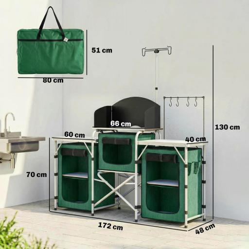 Mueble de Cocina para Camping Plegable con 3 Mesas 4 Ganchos Poste de Luz y Bolsa de Transporte 172x48x130 cm Verde [1]