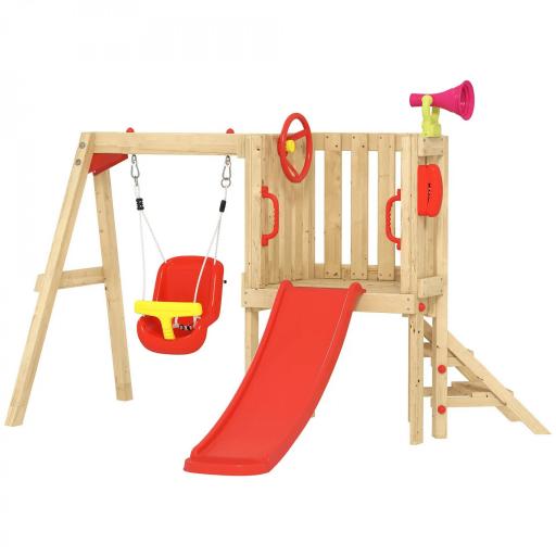 Parque Infantil Exterior de Madera con Columpio Tobogán Volante Bocina Teléfono para Patio Césped Rojo y Natural [9]