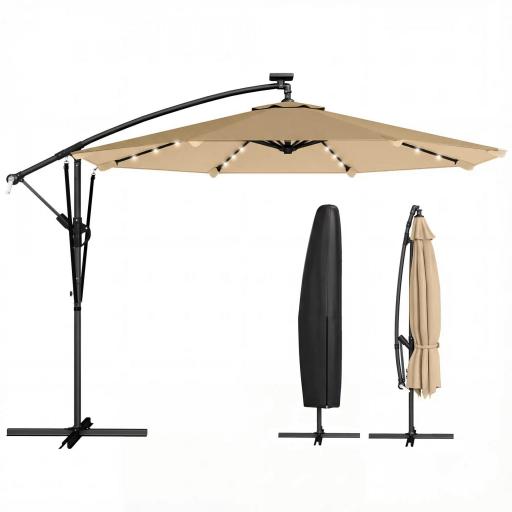 Parasol Excéntrico con Luces LED Solares 330x295 cm Sombrilla Jardín con Base Cruzada Manivela Funda Protectora Caqui [8]