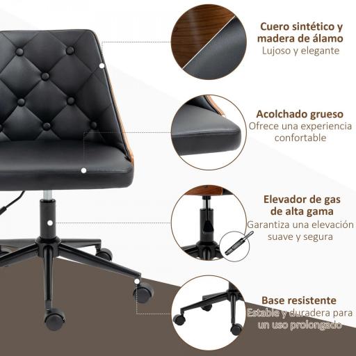 Silla de Oficina con Altura Ajustable y Basculante para Dormitorio Oficina 53x62x77-87 cm Negro y Madera [5]