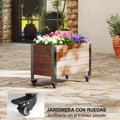 Jardinera Exterior de Madera con Ruedas con Orificio de Drenaje y Tela no Tejida Macetero 60x30x41 cm Marrón Oscuro [2]