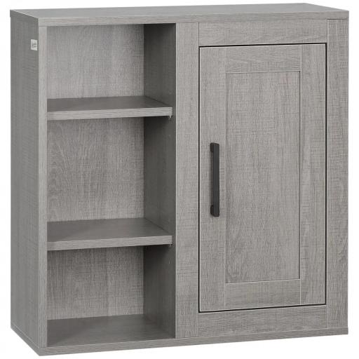 Armario de Baño de Pared con 3 Estantes Abiertos y 1 Puerta Mueble Auxiliar Suspendido Moderno 48x20x50 cm Gris [3]