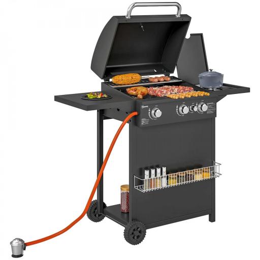 Barbacoa de Gas con 3 Quemadores Parrilla para 5-9 Personas Quemador Lateral Termómetro y Ruedas 123x58x98 cm Negro [9]