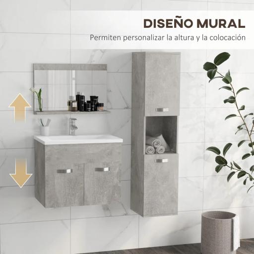 Conjunto de Muebles de Baño de Pared 3 Piezas Incluye Espejo Armario con Lavabo Cerámico y Columna Auxiliar de Baño Gris [4]