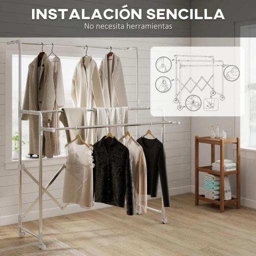 Tendedero Plegable de 3 Niveles Tendedero de Acero Inoxidable con 3 Barras Ajustables y Extensibles 4 Ruedas Plata [2]