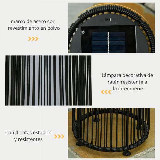 Linterna de Jardín de Ratán Sintético Farola Solar Exterior con Luces LED Encendido y Apagado Automático Impermeable para Terraza Balcón Patio Ø21,5x61 cm, Negro [7]