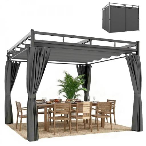 Pérgola de Jardín 3x3 m con Techo Retráctil y Cortinas Protección UV30+ Estructura Metálica para Patio Terraza Gris [8]