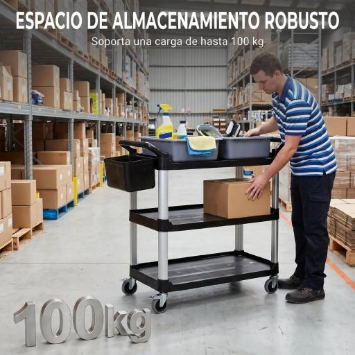 Carro de Limpieza con Ruedas con 3 Estantes 2 Contenedores y Cubo Lateral Colgante Carga 100 kg Negro [6]