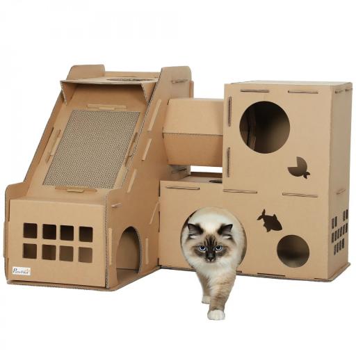Casa para Gatos de Cartón Forma Castillo 2 Niveles con 3 Zonas de Rascado Túnel Rampa Incluye Hierba Marrón [8]