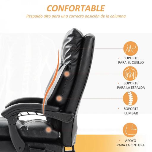 Silla de Escritorio con Soporte Lumbar Inflable Tapizada en PU Reposapiés Respaldo Reclinable Altura Ajustable Negro [3]