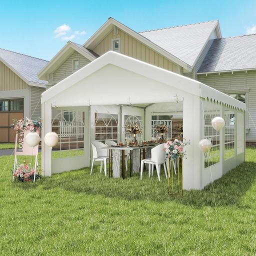 Carpa para Fiesta Cochera Gazebo 6x4m Pergola Cenador Pabellón 4 Paneles Laterales Ventanas Anti-UV para Eventos Bodas Acero PE Blanco [4]
