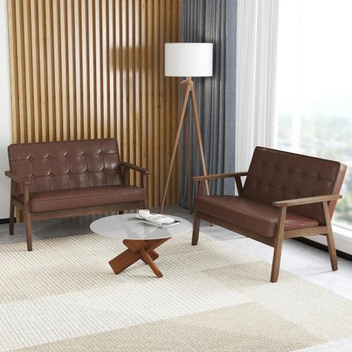 Sofá de 2 Plazas Tapizado en PU con Reposabrazos de Madera Respaldo Acolchado Carga 250 kg Marrón [4]