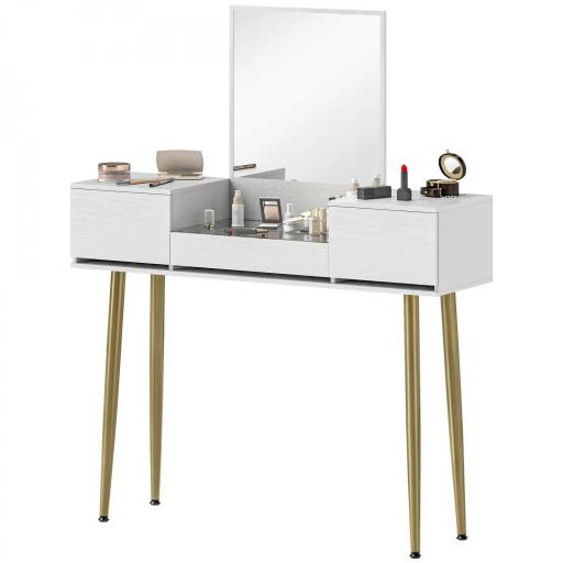 Tocador Elegante con Espejo Cuadrado y Cajones Organizadores 105,5x30x130,5 cm Blanco y Dorado [9]
