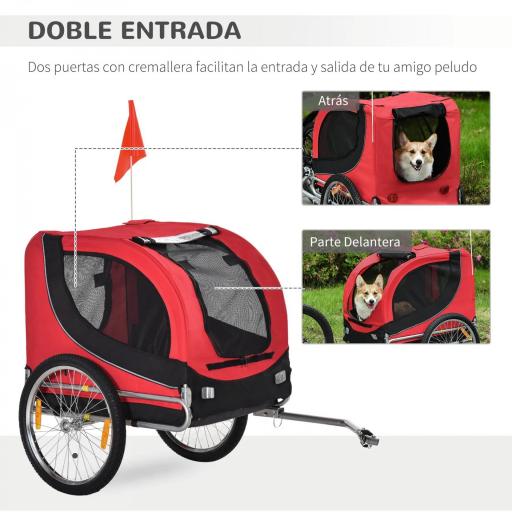 Remolque Bicicleta Perros Mascota 1 Bandera 8 Reflectores Remolque Bici 130x73x90 cm Rojo Negro [6]